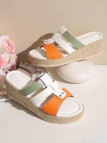 Women's Summer Fashion Platform Wedge Sandals With Modern Color Block Patchwork Strap Upper, Rivet Decor, Rope Sole, Comfortable, Elegant Classic Casual Vacation Chic Platform Sandals