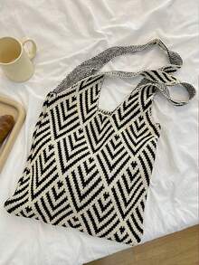 轻便、休闲女士简约大容量编织购物袋钩针包，母亲节送给妈妈的礼物，大容量手提包和旅行书包，适合毕业生、少女、新生、大二学生、休闲度假、沙滩包、单肩包、手提包书包、大容量、轻便、便携、经典休闲，适合少女、女大学生度假、假日、户外、旅行、郊游 - 黑與白 - 查看 4