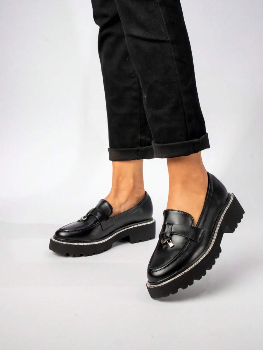 Fashion Versatile Casual Crystal Embellished Chunky Sole Loafers - Black PU - View 1