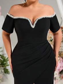 EVERLYL Vestido elegante de verano de punto con hombros caídos, escote en V, diseño de perlas, borde envuelto a la cadera y abertura cruzada, adecuado para invitados de boda, vestidos de graduación, cena