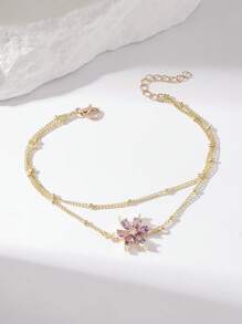 1 peça pingente minimalista brilhante de zircônia cúbica colorida com 6 pétalas de flor e pulseira de corrente multicamadas para mulheres e meninas