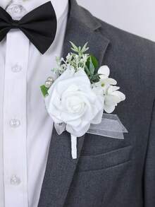 1朵白色玫瑰花，配以珍珠仿绿叶，优雅胸花，适合新郎、新娘、伴郎、伴娘、婚礼、订婚、正式派对、周年纪念、情人节等场合佩戴。 - 彩色 - 查看 5