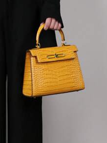 Bolso de moda para mujer de alta gama 2025, bolso de hombro/cruzado de lujo minimalista cuadrado, versátil para la oficina, de patrón de piel de cocodrilo amarillo retro y platino