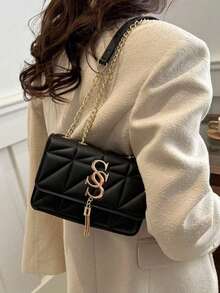 Fashionable Solid Color Diamond Checkered Flip Small Square Bag, Fashionable PU Chain Crossbody Bag, Women's Fashionable Tassel Decoration Mini Shoulder Bag Wallet Suitable For Shopping