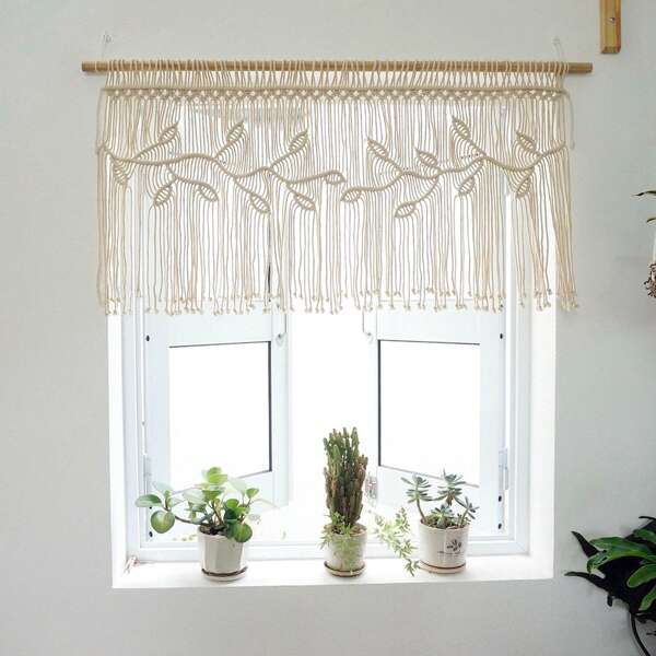 1 pieza de Colgante de pared de macramé, tapiz de arte de fibra de estilo bohemio, decoración de pared con flecos para la sala de estar, el dormitorio, la cocina, las ventanas - excluyendo la varilla de madera