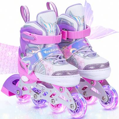 yousulun Children's Roller Skates, Roller Skate Shoes With Luminous Wheels For Boys & Girls, Outdoor Roller Skating Shoes For Beginners, 4 Sizes Adjustable, Cute And Funny Birthday Gifts For Kids