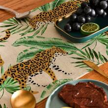 1pc Green Plant & Leopard Printed Table Runner, Suitable For Festivals, Parties, Birthdays, Dinners, Kitchen, Dining Room, Room Decor, Home Textile Decoration, All Seasons