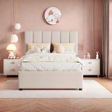 Upholstered Single Bed 90 X 200 Cm, Youth Bed, Bed With Storage Space, Wooden Slatted Base, Headboard With Storage Compartment, Beige Linen Fabric (2 Packs) - Màu be - Xem 2