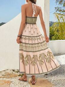 1pc Women's Retro Patterned Criss-Cross Open Back Beaded Spaghetti Strap Dress, Bohemian Style Summer Beach Resort Casual Vacation Influencer Dress