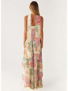 Women Floral Print Cami Tank Midi Ruffle Dress With Scarf Y2k Asymmetrical Mesh Backless Flowy Long Dresses - Beige - View 4