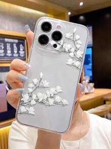 1 pieza Funda de teléfono a prueba de golpes con patrón de rama de árbol y flor perforada de color blanco grueso compatible con iPhone 16/11/16pro/16plus/16promax/16e/15Promax/13/14/12/XS/XR/7G/8P, compatible con Samsung Galaxy 11/12Pro/12/12X/13Pro/14Pro/15Pro/, compatible con Redmi 10/9/Note9/12c/Note11pro/Note8Pro