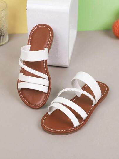 A Pair Of Thin Woven Girls Fashion Flat Slippers, Suitable For 3-15 Years Old Baby Home, Beach Play