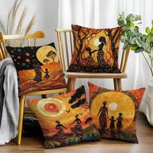 4pcs African Art Sunset Life African Women Printed Throw Pillow Covers [No Pillow Insert], 17.7*17.7in(45*45cm), [Single-Sided Printing] Farmhouse Rural Landscape Polyester Decorative Cushion Covers, For Sofa, Bed, Living Room, Bedroom, Car, Office, Hotel Decor, All Seasons Perfect Gift For Family & Friends