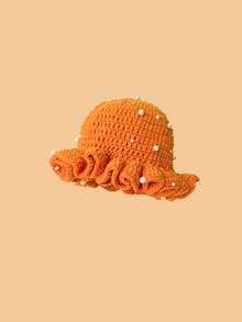 1pc Women's Y2K Style Handmade Crochet Ruffle Edge Knitted Hat With Pearl,Hollow Knit Bucket Hat, Suitable For Daily Wear, Photography, Party, Picnic, Outdoor - Pearl - View 8