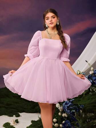 Faeriesty Princess Beauty 女士方领褶皱泡泡袖 A 字连衣裙 - 飘逸轻盈的女性化剪裁，浪漫廓形，适合休闲日、海滩度假、户外聚会、夏季早午餐和周末度假