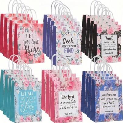 Reusable Gift Bag With Bible Verse And Floral Design, Christian Baptism Handle Paper Gift Bag For Women, Wedding, Birthday Present Packaging