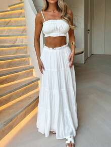 Look Polly 女士度假旅行沙滩两件套，纯色无肩带吊带上衣和长裙，女装，返校季，全白秋季套装，适合教堂、度假、音乐会、休闲居家穿着，优雅女士套装，沙滩套装，时尚服装系列 - 白色 - 查看 9