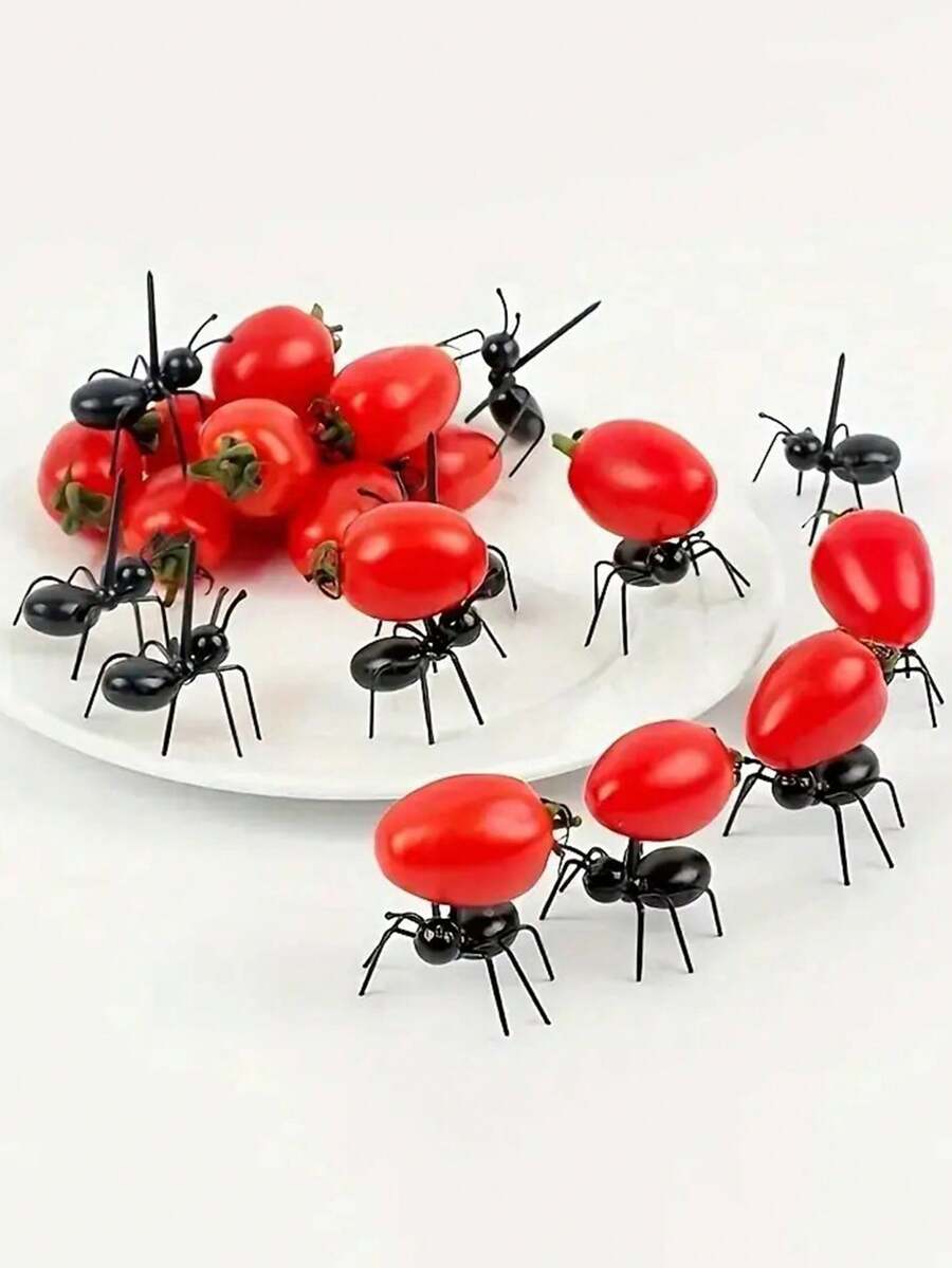6 件/12 件/24 件蚂蚁形水果叉 - 逼真的番茄和草莓装饰，用于派对主题活动的有趣厨房配件，创意开胃菜和甜点餐具，派对用品 | 有趣的厨具 | 耐用的厨房工具