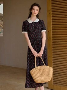 Simple Retro Women's Long Dress Elegant Floral And Peter Pan Collar Patchwork Long Dress Sweet&Elegant For Holiday &Sweet Date&Daily&Vacation&Birthday&HolidayParty&Prom&Wedding&Garden Partie&Summer Dress&Women Elegant Patchwork Swing Dress Short Sleeve - Red and Black - View 6