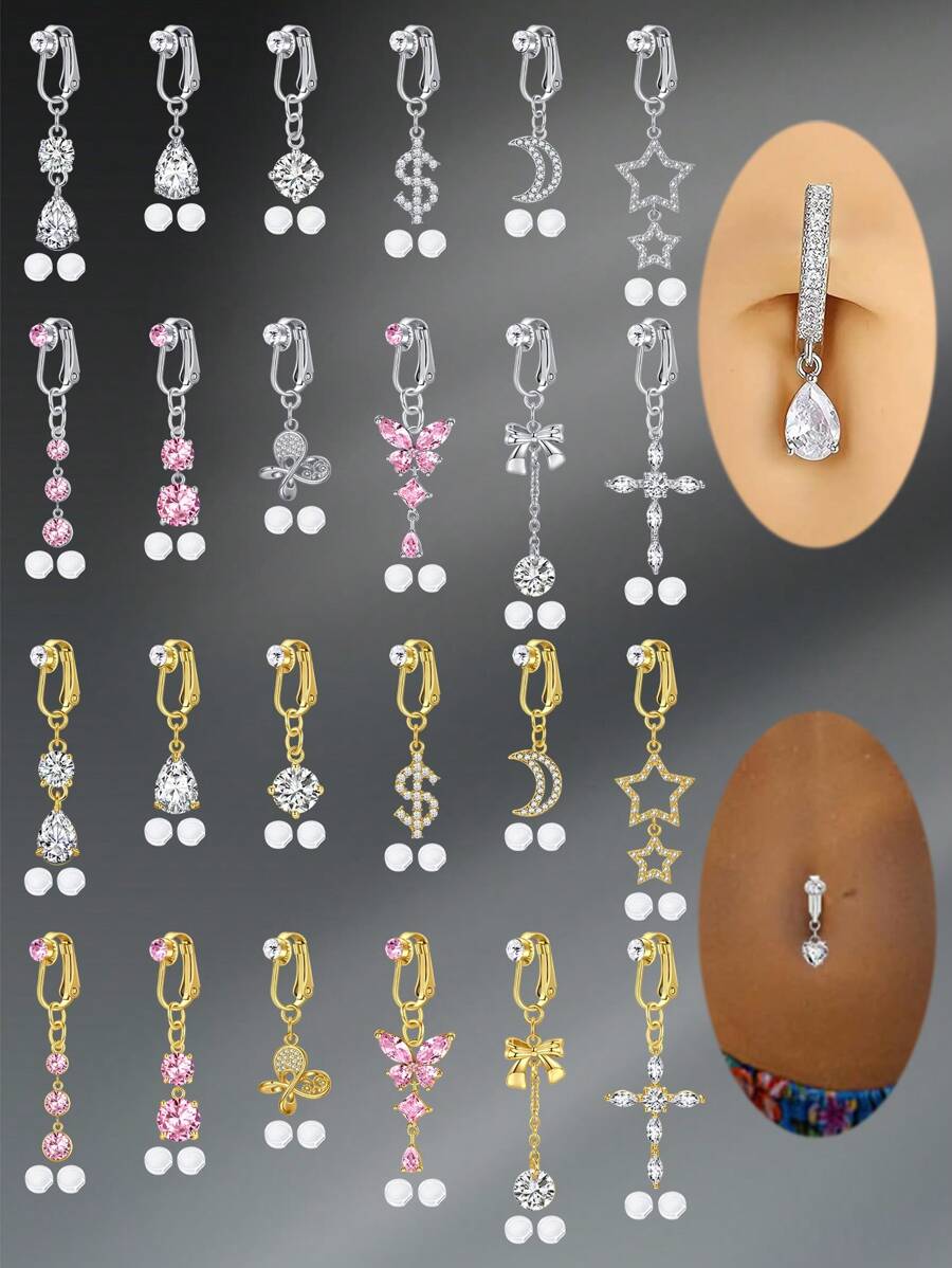 Fake Belly Piercing Fake Belly Ring For Women Fake Belly Button Piercing Clip On Belly Button Rings Fake Navel Ring Non Piercing Faux Belly Piercing Jewelry Dangle Non Piercing Fake Belly Piercing Jewelry, Clip On Earrings Non - Piercing Ears Cuff Set Stainless Steel Silver Gold CZ Fake Helix Cartilage Clip On Wrap Earrings Set For Women Non - Piercing Adjustable Ear Clip Without Ear Hole