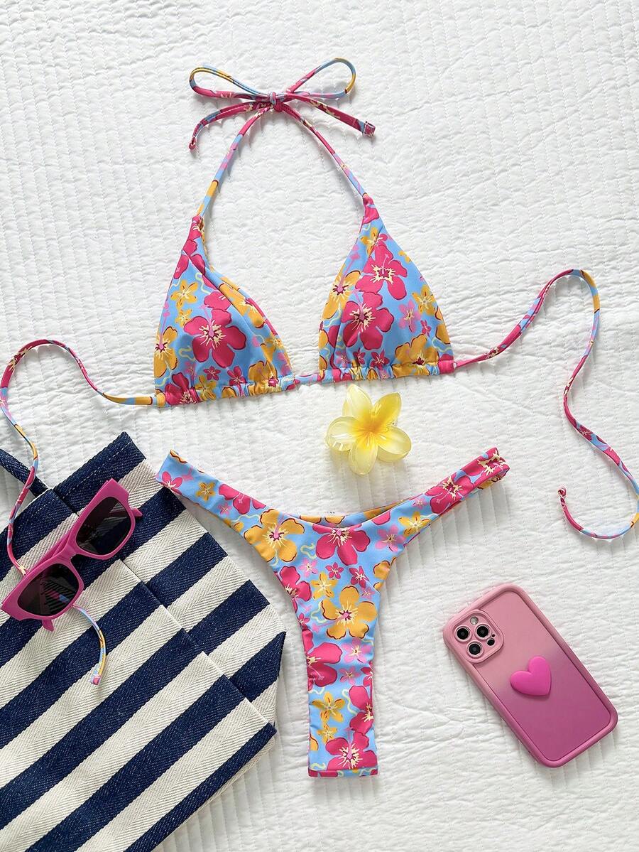 女士性感沙滩泳装亮色花卉印花迷你罩杯三角比基尼可爱度假女孩泳衣 - 彩色 - 查看 1