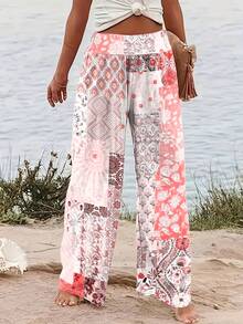Style décontracté de vacances élégant, veste polyvalente slim pour femmes, convient pour sortir, la maison, les voyages, le travail. Nouveaux pantalons amples à fleurs patchwork pour femmes en automne/hiver - Rouge - Voir 4
