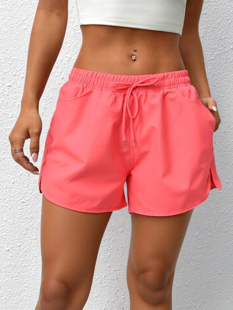 Short corto deportivo sport fitness ejercicio dama mujer pretina elástica jareta dos bolsillos calor primavera verano ideal correr caminar playa día noche jardín parque playa cómodo - Naranja - Ver 1