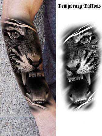 1 Sheet Tiger Face Temporary Tattoos For Women Men Arm Thigh Legs Forearm, Realistic Waterproof Fake Tattoo Stickers, Long Lasting Temp Half Arm Sleeve Tattoos For Adults