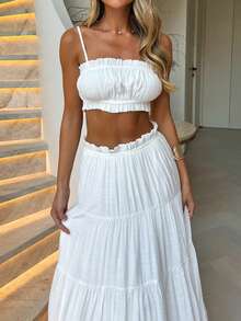 Look Polly 女士度假旅行沙滩两件套，纯色无肩带吊带上衣和长裙，女装，返校季，全白秋季套装，适合教堂、度假、音乐会、休闲居家穿着，优雅女士套装，沙滩套装，时尚服装系列 - 白色 - 查看 10