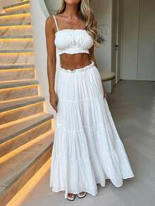 Look Polly 女士度假旅行沙滩两件套，纯色无肩带吊带上衣和长裙，女装，返校季，全白秋季套装，适合教堂、度假、音乐会、休闲居家穿着，优雅女士套装，沙滩套装，时尚服装系列 - 白色 - 查看 8