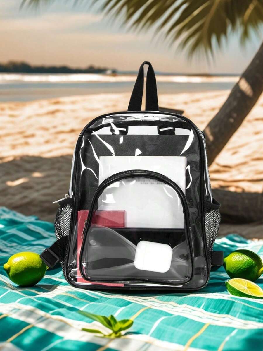 Men's Transparent Jelly Backpack, Large Capacity Water-Resistant Beach Bag, Colorblock Outdoor Sports PVC Transparent Fashion Backpack, Summer,Y2k - Clear - View 1