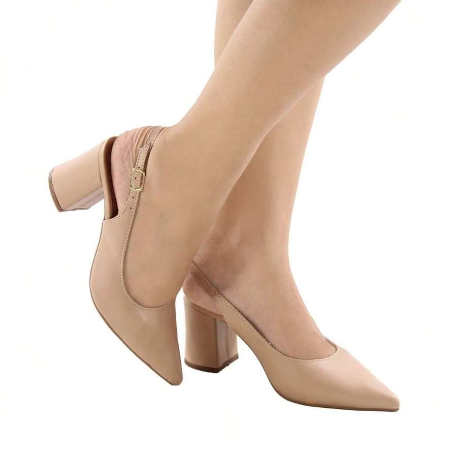 Women's Pointed Toe Slingback Pumps Button Back Strap High Block Heel 7cm Formal Soft Plain - Natural - Ver 1