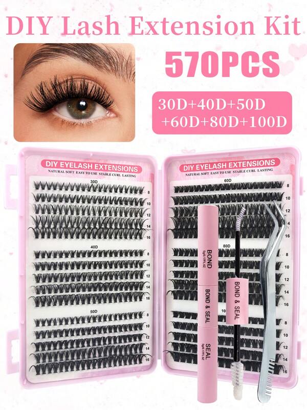 Hinarin 570 Pcs D Curl Lashes Extension Kit 30D+40D+50D+60D+80D+100D Mixed Individual Lash Clusters With Bond And Seal Tweezers Kit Length 8-16mm Mixed Fluffy Eyelashes Extensions Clusters Gift For Women Mom Wife Sister Teen Girl Friend