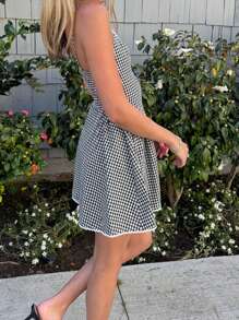 Women's Summer Plaid Cami Dress Sleeveless Open Back Button Spaghetti Strap Dress