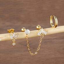 Set de 3 piezas de aretes de aro abrazador con flores de circonita chapadas en oro de 18K, aretes de cartílago Helix Daith de doble orificio con cadena, regalo de joyería para niñas - Flor3 - Ver 7