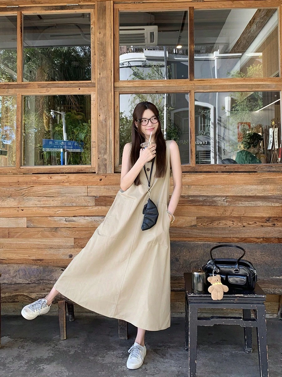 Vintage Casual Sleeveless High-End Elegant Loose Fitting Slimming Midi Dress