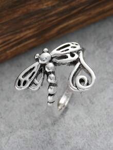 1pc Vintage Silver Dragonfly Ring, Retro Accessory Jewelry For Women - Antique Silver - View 8