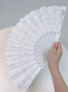 Ventaglio bianco da donna con fiori d'argento, ventaglio pieghevole di moda per la danza