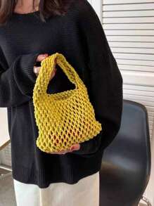 1pc Bohemian Style Woven Tote Bag, Striped Woven Handbag, Beach Bag, Casual Versatile Hollow Woven Handbag, Beach Bag