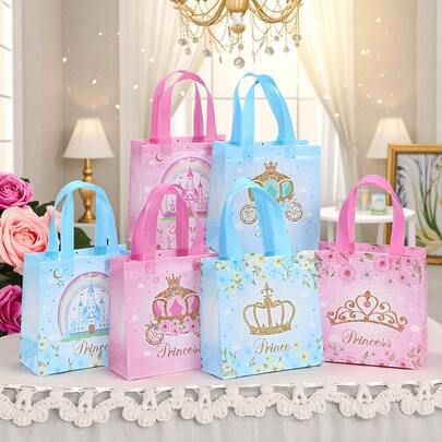 12pcs Princess Theme Non-Woven Fabric Gift Bags, Holiday Gift Bags, Birthday Party Packaging Bags, Tote Bags, Waterproof Bags, Decorative Bags