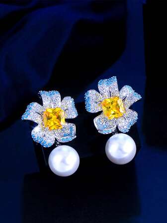 1 对时尚镀银 CZ 绿松石花黄色方形珍珠吊坠耳环，方晶锆石珠宝配饰，适合新娘、订婚、婚礼、宴会、派对、母亲、伴娘、妻子、圣诞节