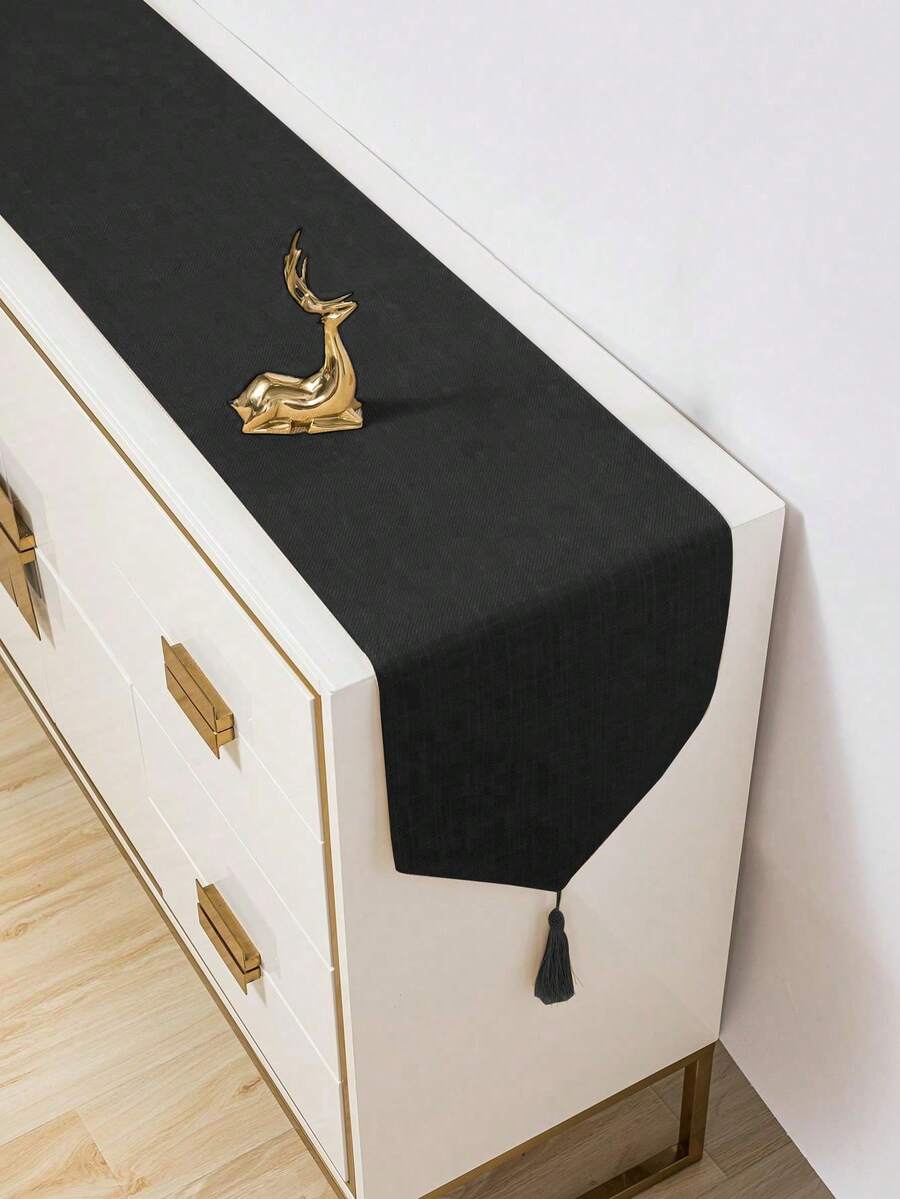 1pc Minimalist Solid Color Faux Linen Table Runner, Beige Double Layer Triangle Tassel Fringe Dining Table Decor Cloth, Kitchen Supplies Restaurant Tablecloth, Bar, Cafe Table Runner, Daily Home Dining Table Center Long Strip Cloth, Holiday Party Dinner Decoration Table Runner, Tablecloth 30*180cm 30*200cm - Black - View 1