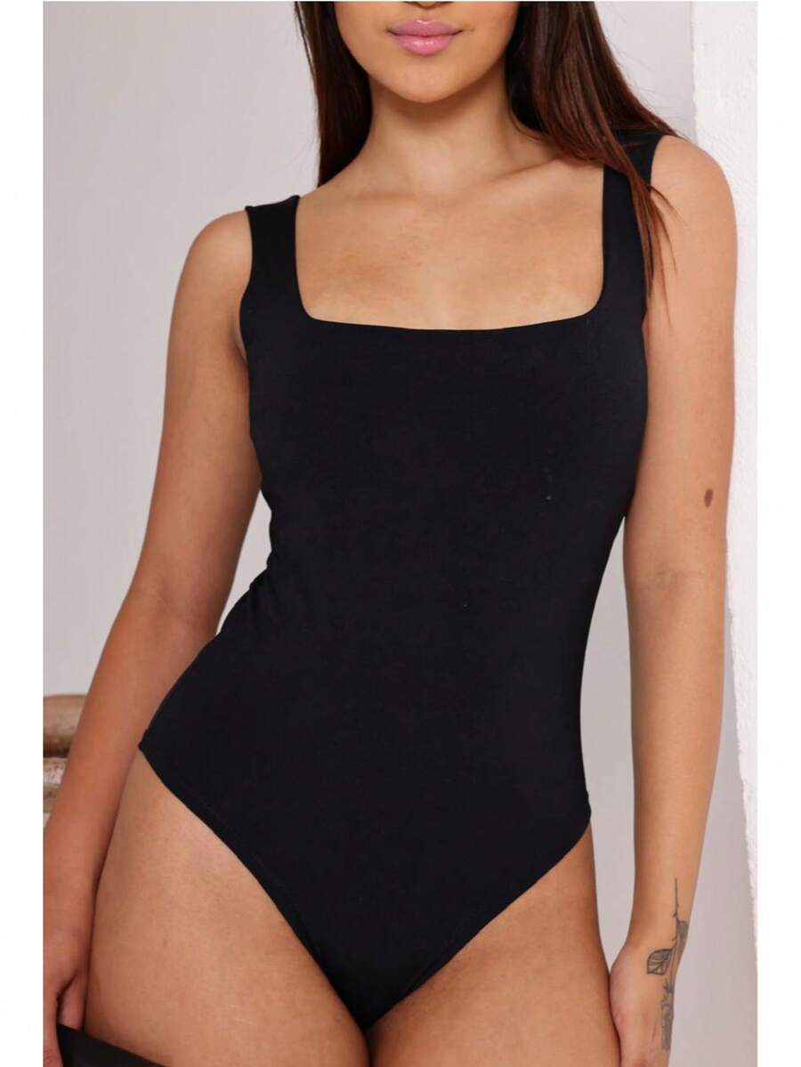 Suplex Tank Top Bodysuit Simple Casual Elegant - 黑色 - 查看 1