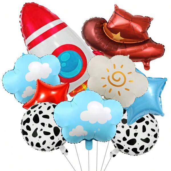 Toy Themed Decorations, 9pcs Cow Print Sky Blue Cloud Balloons With Rocket Balloon And Cowboy Hat Balloon For Inspired Story Birthday Party Decorations