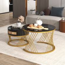 Montary 2 - in - 1 Runder Couchtisch aus MDF: Beistelltisch mit Marmor - Tischplatte, Kunststoff - Rattan - Schubladen, Massivholz - Griffen und goldenen Eisenfüßen (Schwarz + Gold) - Schwarz - Übersicht 1