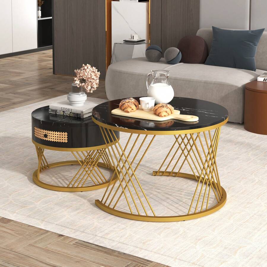 Montary 2 - in - 1 Runder Couchtisch aus MDF: Beistelltisch mit Marmor - Tischplatte, Kunststoff - Rattan - Schubladen, Massivholz - Griffen und goldenen Eisenfüßen (Schwarz + Gold) - Schwarz - Übersicht 1