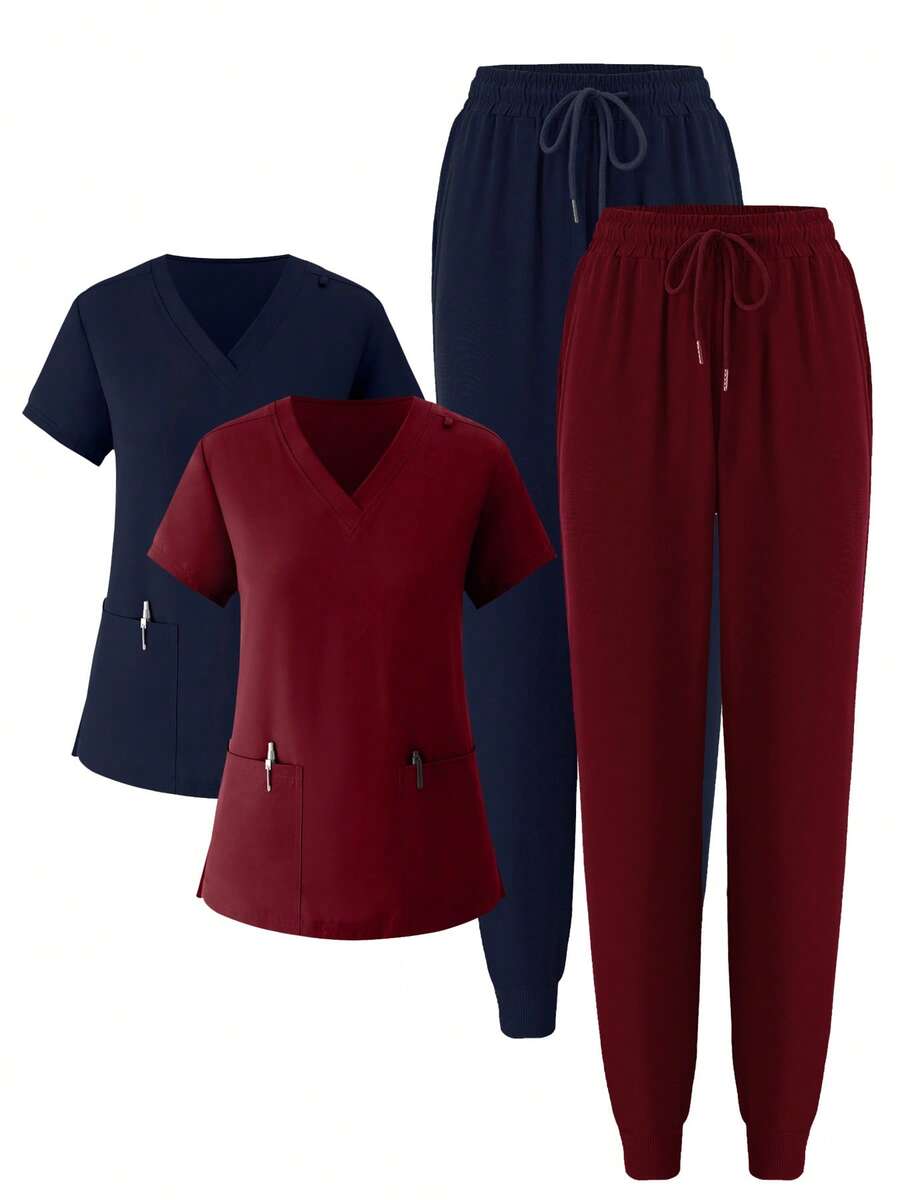 (Four-Piece Set) Scrubs Uniform Women's Running Matte Elastic Sports Nurse Uniform Wash Clothes Work Clothes Breathable Scrub Shirt - 酒紅色 - 查看 1