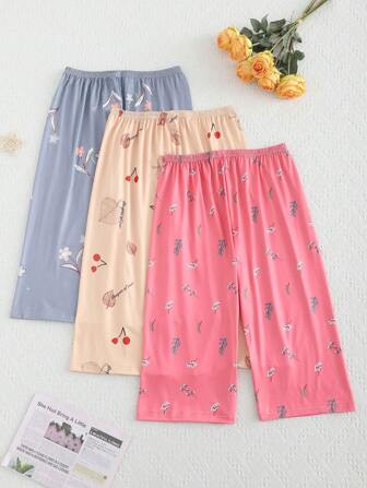 3pcs Women Casual Floral Printed 3/4 Pants Pajamas Set
