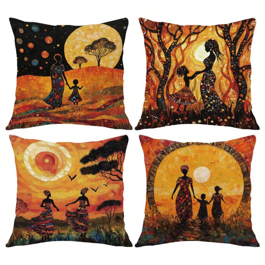 4pcs African Art Sunset Life African Women Printed Throw Pillow Covers [No Pillow Insert], 17.7*17.7in(45*45cm), [Single-Sided Printing] Farmhouse Rural Landscape Polyester Decorative Cushion Covers, For Sofa, Bed, Living Room, Bedroom, Car, Office, Hotel Decor, All Seasons Perfect Gift For Family & Friends