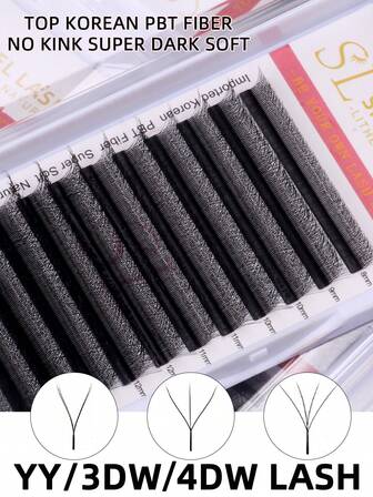 12 filas 0.07 C/D/L Curl SHANEL YY 3DW 4DW 5DW trébol Pestañas 8-15mm Floración automática Puntas dobles premontadas YY Hechas a mano YY Tipo de cilios Extensión de pestañas de volumen natural